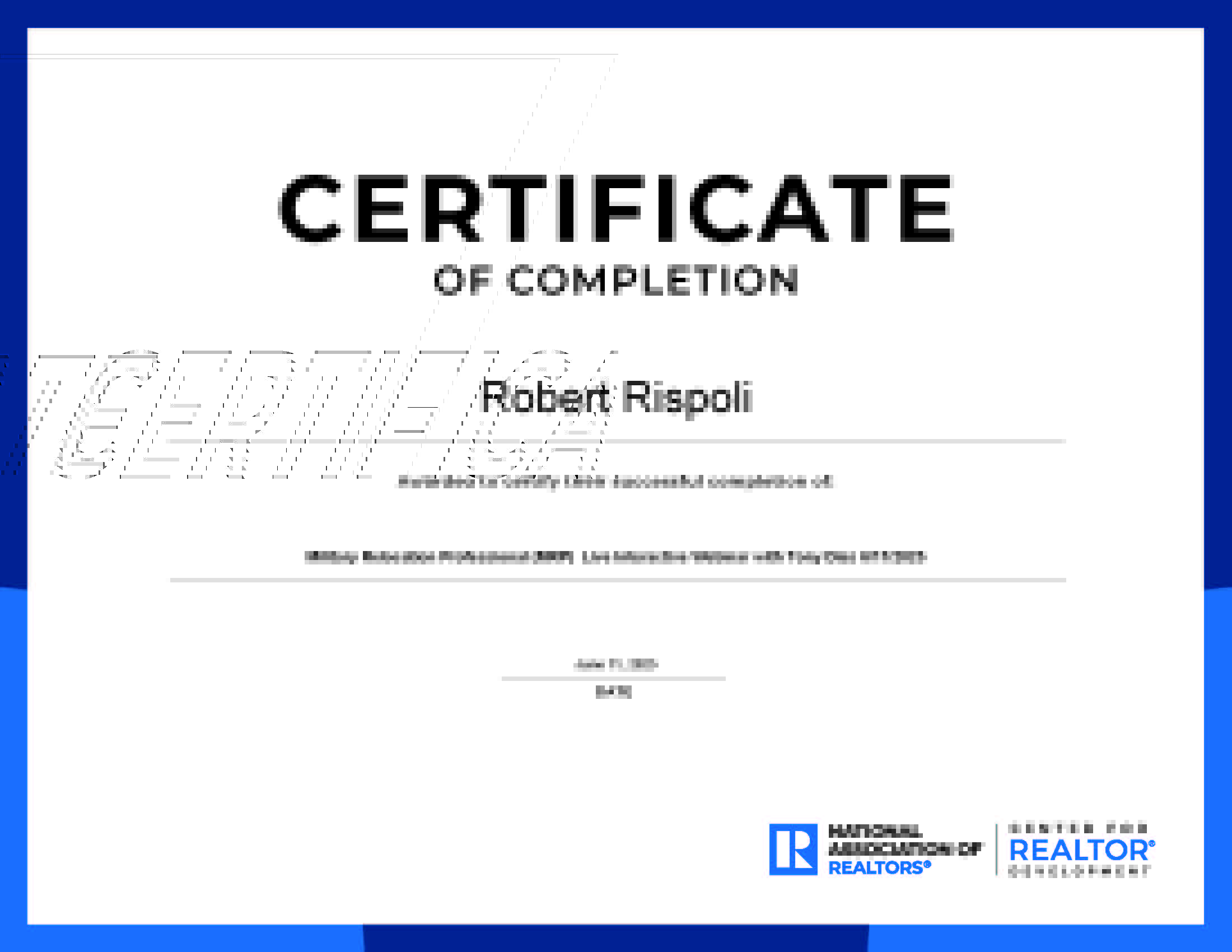 Certificate of Completion Military Relocation Professional (MRP) Live Interactive Webinar with Tony Dias